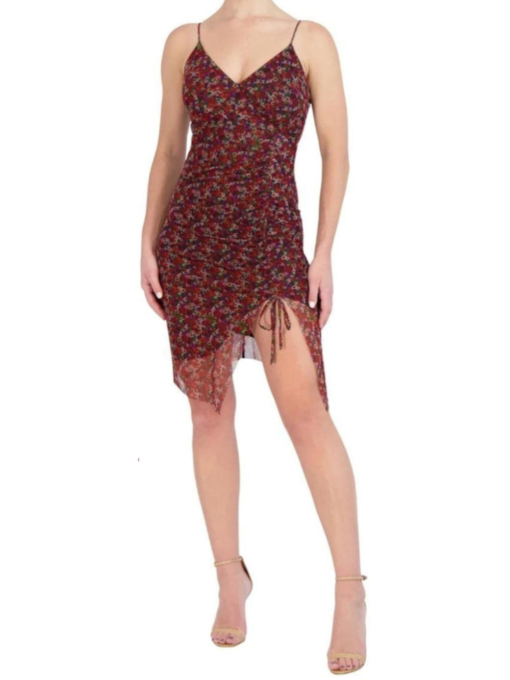 BCBGeneration Floral Ruched Mesh Mini Dress 4 V-Neck Asymmetrical Y2K Boho